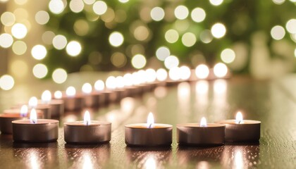 A close-up view of lit candles arranged in a row, with soft bokeh background.