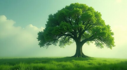 Fototapeta premium Serene Landscape Featuring a Majestic, Ancient Tree in a Lush Meadow Under a Soft, Misty Sky