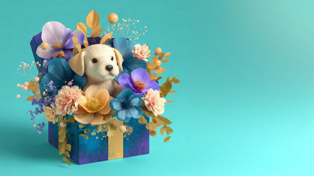 3D cute white puppy in floral gift box for valentine's day greeting card birthday celebration pet wallpaper background fashion spring summer vibe