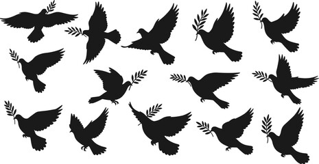 Silhouette vector illustration of flying doves holding olive branches, symbolizing peace, hope, freedom, unity, ideal for religious artwork, charity campaigns, 