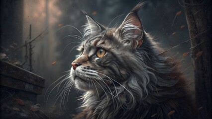 Majestic Maine Coon cat portrait with striking golden eyes against a dreamy autumn backdrop