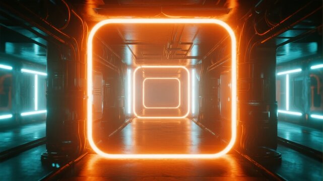 Futuristic neon-lit corridor with glowing orange square frames receding into the distance