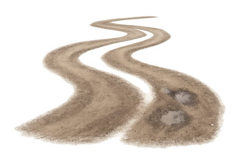 Winding dirt path illustration with puddles, showing a journey or difficult road ahead on transparent background