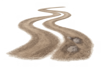 Winding dirt path illustration with puddles, showing a journey or difficult road ahead on transparent background