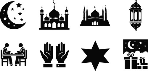 Collection of Islamic silhouettes for Ramadan Kareem featuring mosque, moon, lantern, and praying hands, isolated on white, vector illustration for holiday design