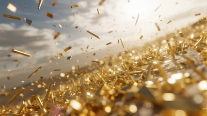 Golden confetti scattered across a surface with sunlight reflecting off the particles against a sky background