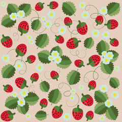 A seamless vector pattern with leaves, flowers and fruit of strawberry