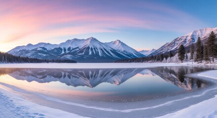 Panoramic winter landscape with snow-capped mountains and lake reflection at sunrise