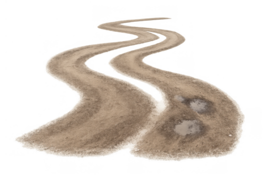 Winding dirt path illustration with puddles, showing a journey or difficult road ahead on transparent background