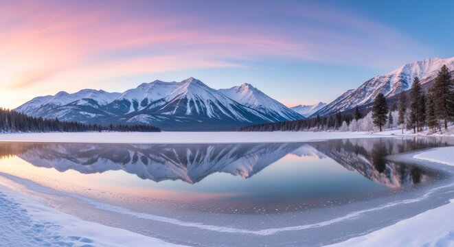 Panoramic winter landscape with snow-capped mountains and lake reflection at sunrise