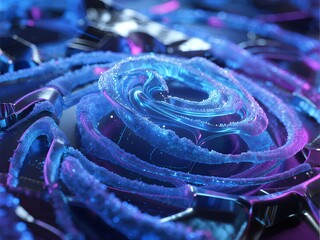 Glowing spiral structure with blue and purple hues in a futuristic, high-tech environment