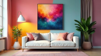 Modern living room interior design featuring a vibrant abstract painting above a white sofa with pastel cushions, complemented by indoor plants and a stylish floor lamp against a two-tone wall