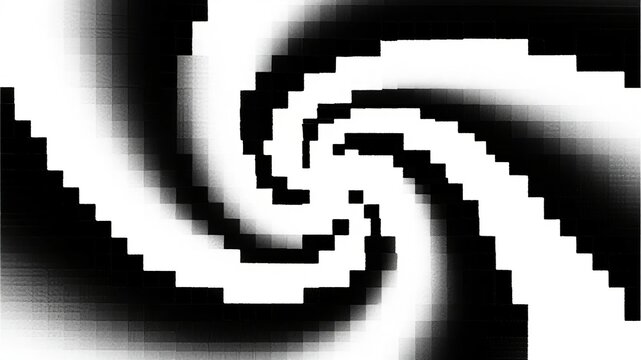Black and white pixelated spiral pattern with smooth gradient transitions
