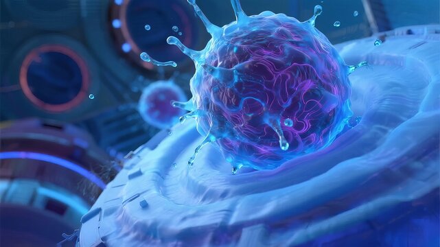 A glowing, electrically charged cell-like structure floating above a futuristic platform with circular patterns and ambient lighting.