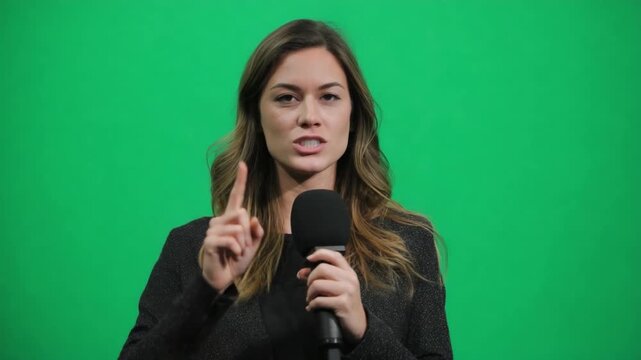 News Presenter: A poised woman, microphone in hand, addresses the audience against a vibrant green backdrop, exuding confidence and authority. conveying a sense of immediacy and information.