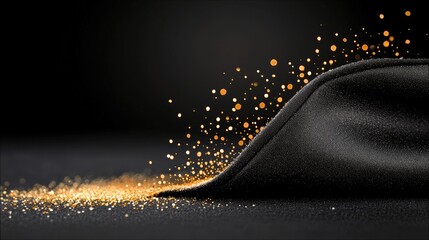 A luxurious black fabric is draped over a dark surface, with a cascade of golden glitter particles flowing from beneath it, creating a dynamic and elegant abstr