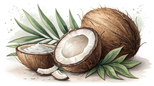 Delicious coconuts with lush tropical leaves convey freshness and natural beauty for health and wellness themes