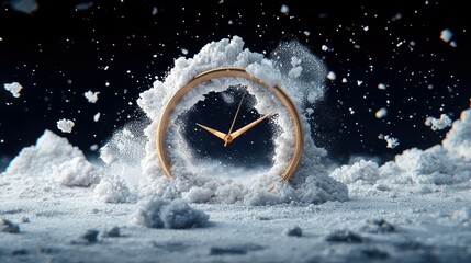 A close-up shot of a golden clock face partially covered in snow, with snowflakes in the air against a dark, starry background.