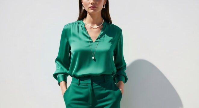 Woman wearing elegant green blouse and trousers. Fashionable clothing for everyday wear or festive event. Stylish design.