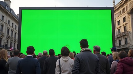 Commercial Display Mockup: Green Screen Billboard with Crowd in the City