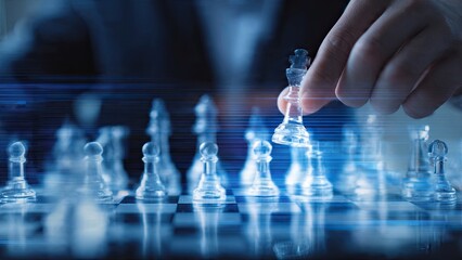 Chess game strategy concept with glass pieces and a hand moving a piece