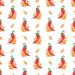 Spicy Food Background. Hand Drawn Vector Seamless Pattern with Chili Peppers and Flames