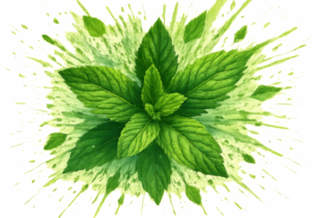 Fresh mint leaves splashing out, creating a vibrant green burst, essential herb for natural flavors and refreshing drinks on transparent background