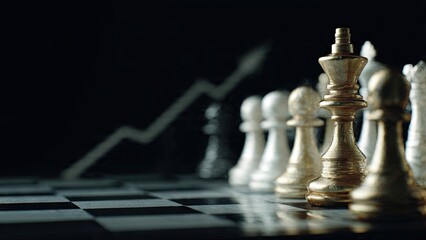 Fototapeta premium Chess pieces on a board with increasing arrow symbolizing growth