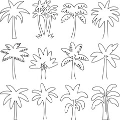 Set of twelve various black outline palm tree icons vector art