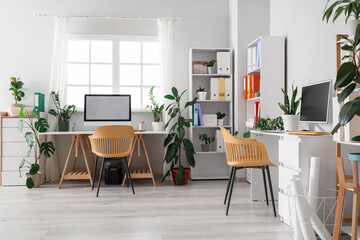 Interior of office with desks, shelf units and green houseplants