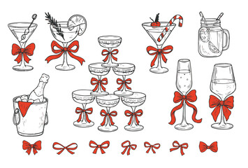 Hand Drawn Christmas Cocktail Vector Collection with Red Ribbons - Holiday Drinks in Line Art Style