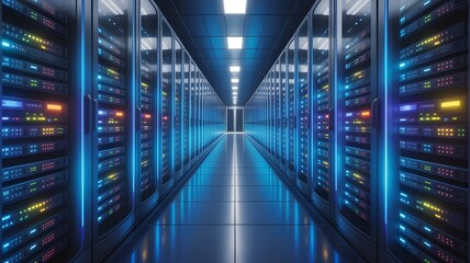 Network server room interior architecture of a business building with light reflecting on the polished floor