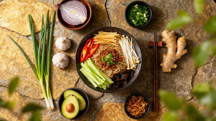 Top-down view of a bowl of noodle soup with fresh vegetables, herbs, and garnishes arranged on a stone surface