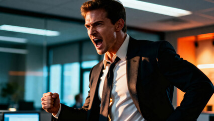 Man in suit shouting passionately in modern office environment
