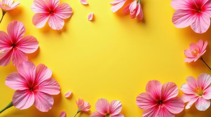 Bright Pink Flowers on Vibrant Yellow Background Create a Cheerful Floral Frame Perfect for Spring or Summer Designs