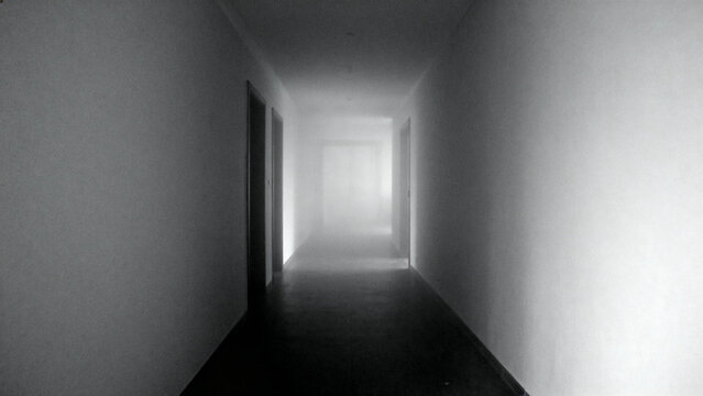 Long, dimly lit hallway with light at the end, creating a sense of depth and mystery