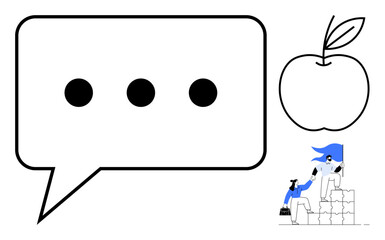Speech bubble, apple, and a team climbing blocks with a leader. Ideal for communication, education, innovation, leadership, teamwork motivation collaboration. A simple flat metaphor
