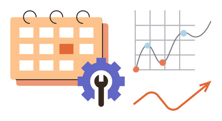 Calendar with highlighted date, gear for settings or collaboration, and graph with upward trend. Ideal for planning, strategy, project management, data analysis, optimization, progress tracking