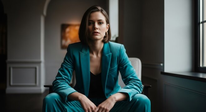 Pretty woman entrepreneur wearing a stylish blue velvet suit, sitting in a chair, ideal for business fashion, professional style, and executive concept. - Powered by Adobe