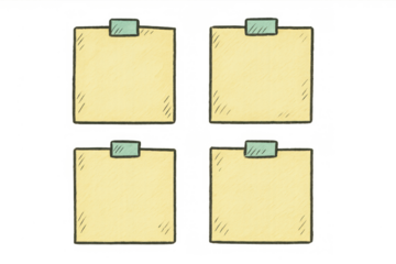 Four hand-drawn sticky notes with green tape set, blank yellow reminder paper, memo, notice, transparent background