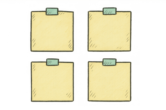 Four hand-drawn sticky notes with green tape set, blank yellow reminder paper, memo, notice, transparent background