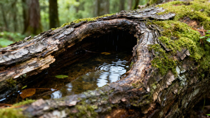 A moss-covered fallen log with a hollow filled with water in a forest setting