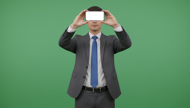 A businessman holding a blank screen smartphone in a suit against a green background, showcasing modern technology in action.
