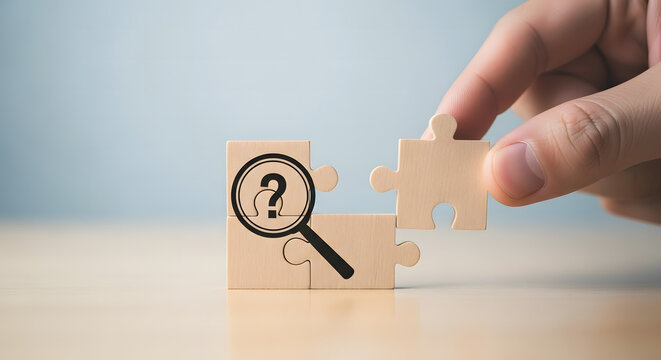 Hand placing last puzzle piece with magnifying glass and question mark