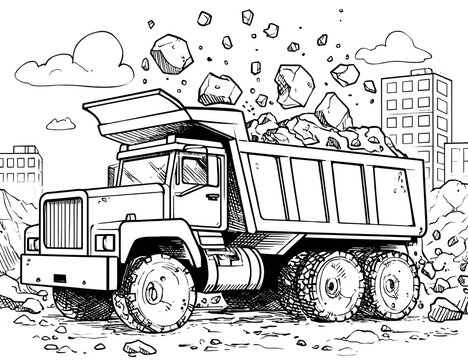 A truck dump pouring rock coloring page