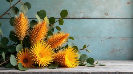 Vibrant orange blossoms and lush green foliage arranged artistically on a rustic wooden surface against a weathered teal backdrop