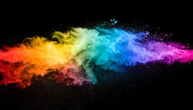 A vibrant rainbow-colored cloud of powder bursts against a stark black background - Powered by Adobe
