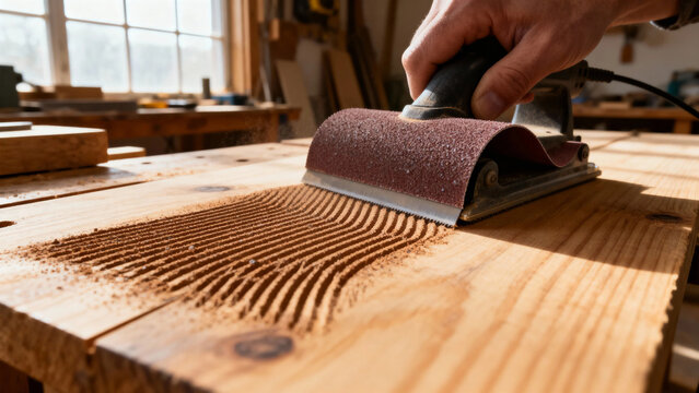 A person using a hand sander to smooth a wooden surface in a workshop, creating fine wood dust and parallel grooves.