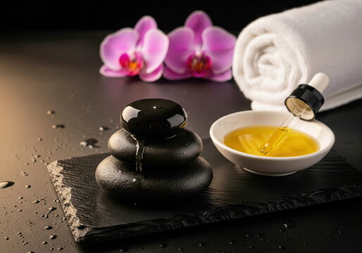 Zen spa setup with hot stones, essential oil, delicate orchids, and a white towel on a dark background. Perfect for relaxation and self-care. - Powered by Adobe