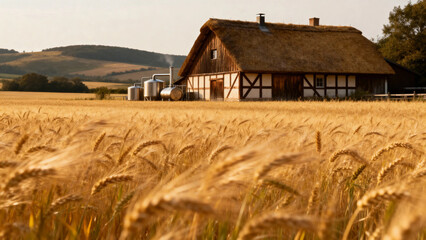 Golden wheat field in front of a traditional thatched-roof barn at sunset